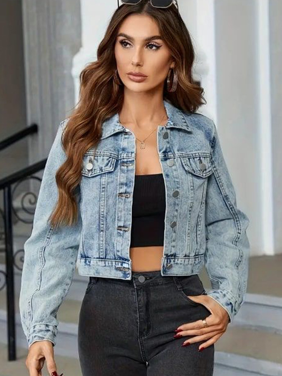 

LILY BUDS Women Washed Biker Jacket, Blue