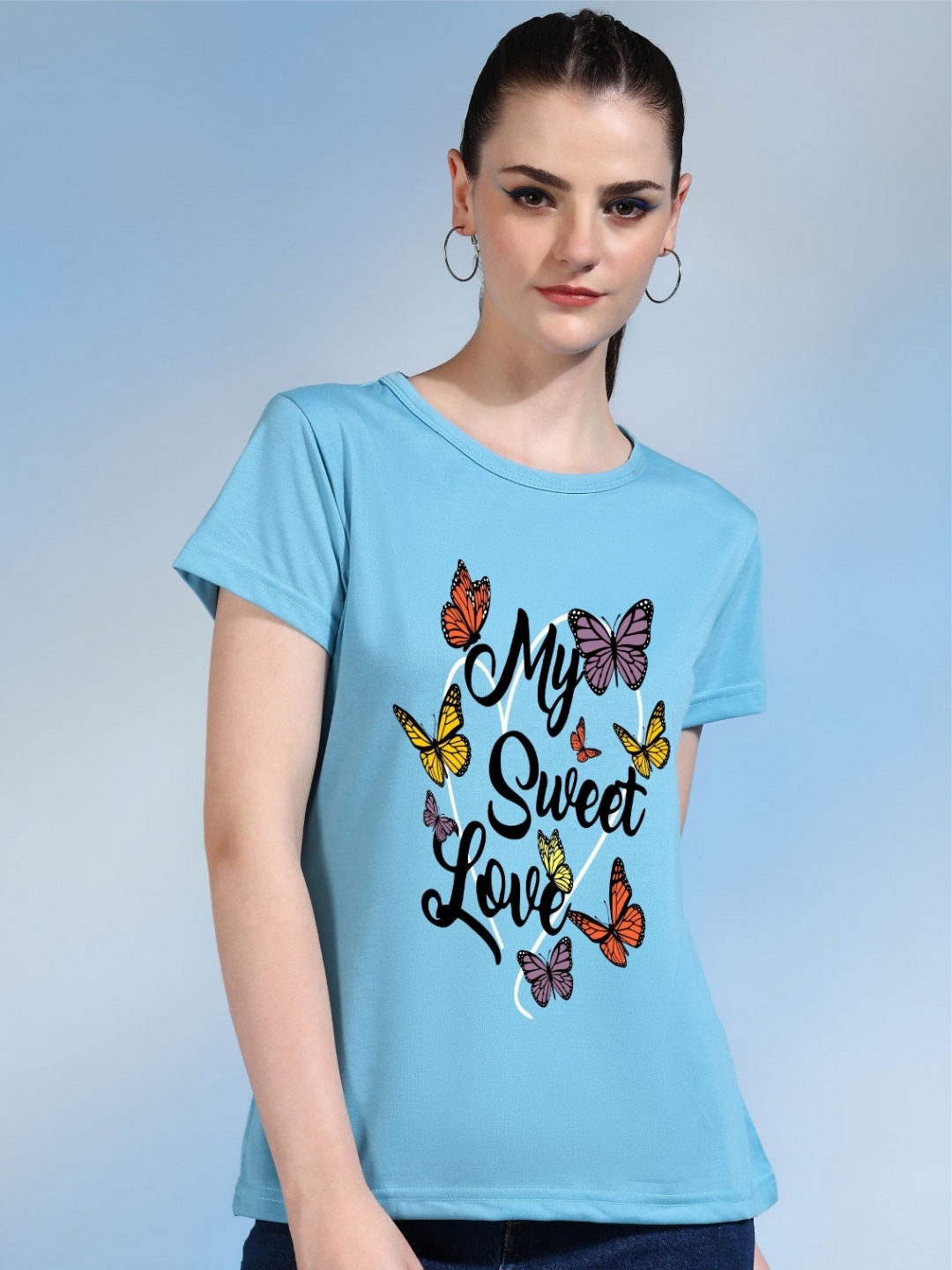 

Moda Rapido Women Printed Bio Finish Raw Edge T-shirt, Turquoise blue