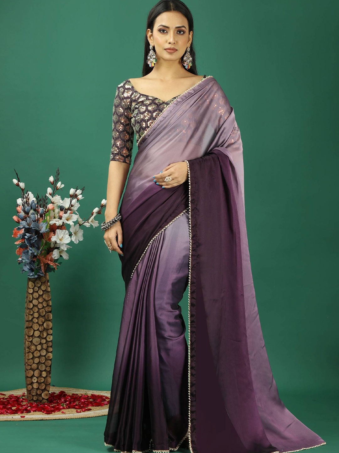 

HERE&NOW Ombre Beads and Stones Satin Banarasi Saree, Purple