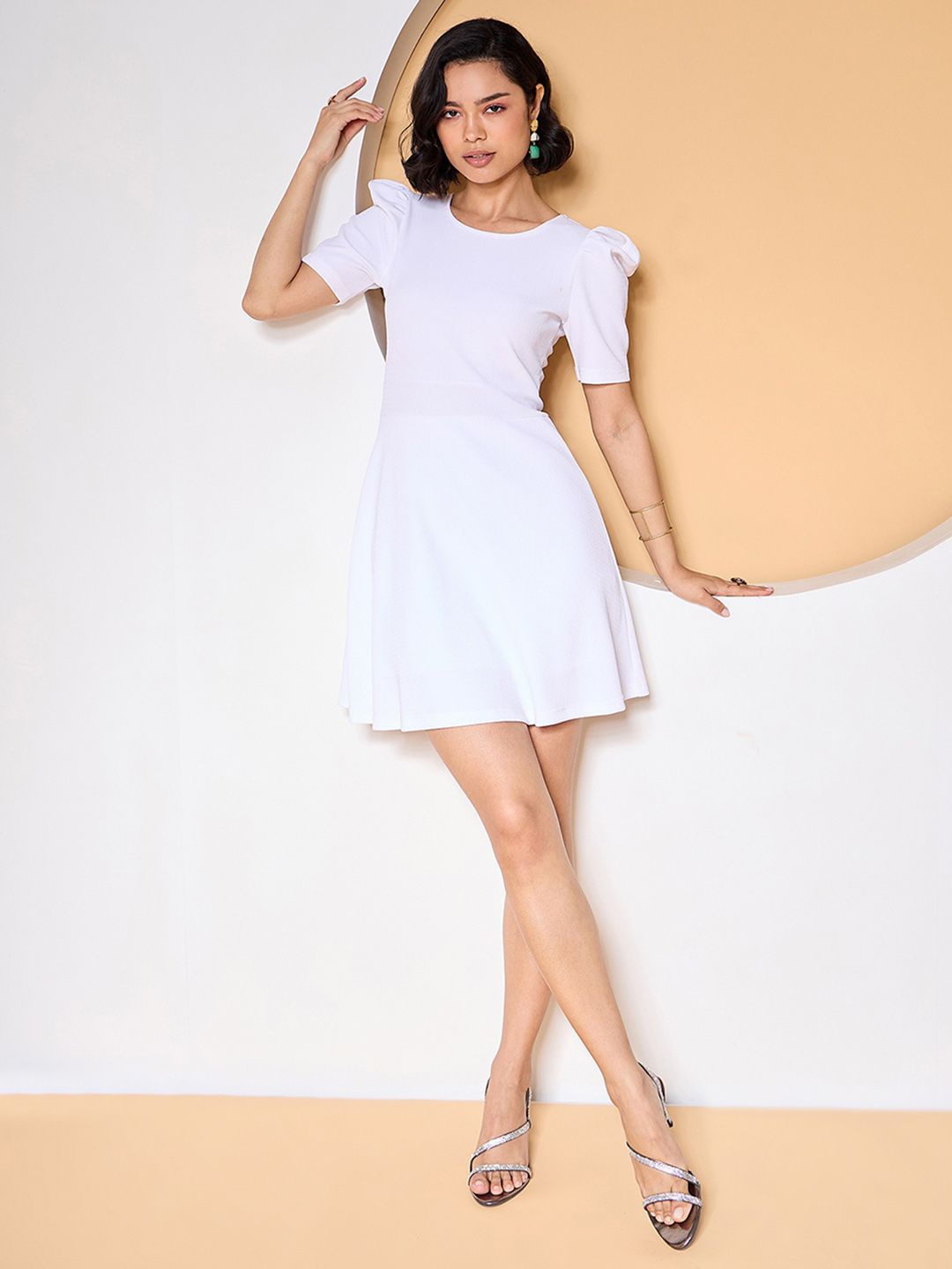 

ZUMMER Puff Sleeve Fit & Flare Dress, White