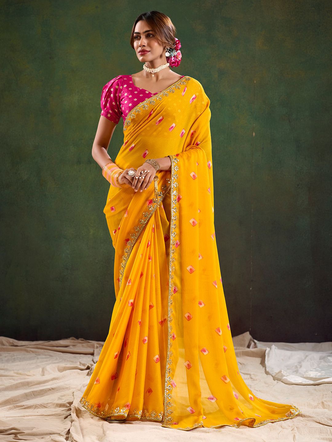 

LeeliPeeri Designer Bandhani Embroidered Poly Chiffon Saree, Yellow