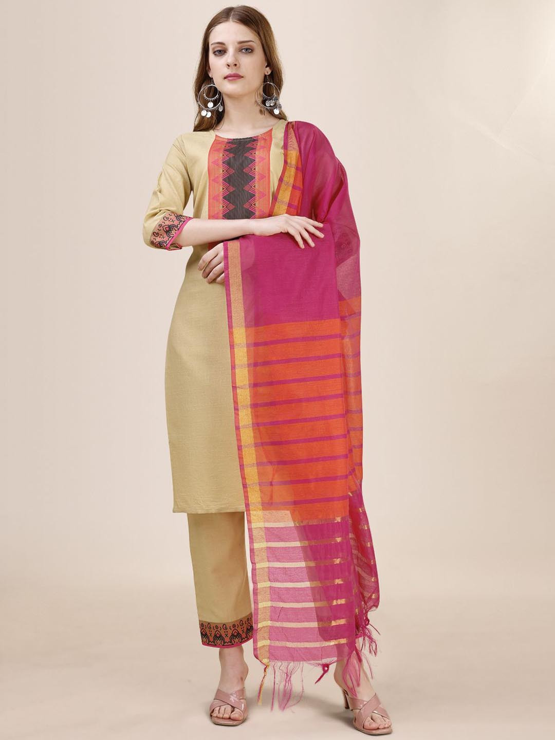 

Moda Rapido Women Floral Printed Regular Kurta with Trousers & With Dupatta, Beige