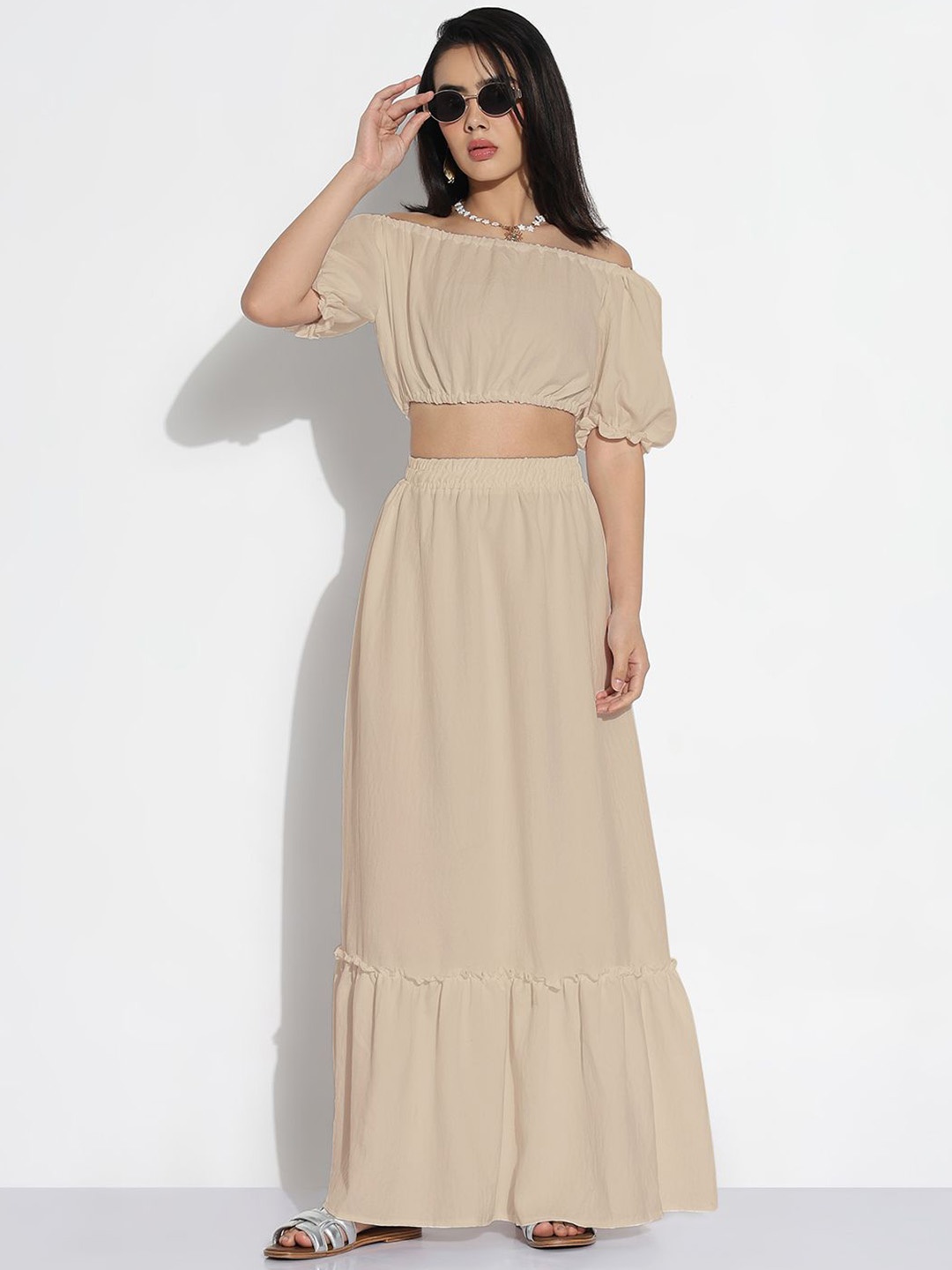 

SHOWOFF Off-Shouldered Cropped Top With Skirt Co-Ords, Beige