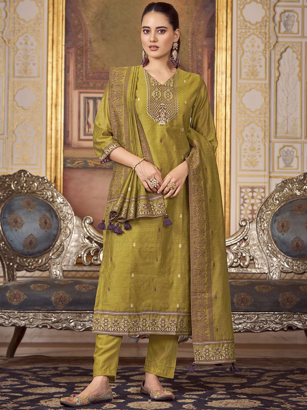 

Fourleaf Women Regular Kurta with Trousers & With Dupatta, Mustard