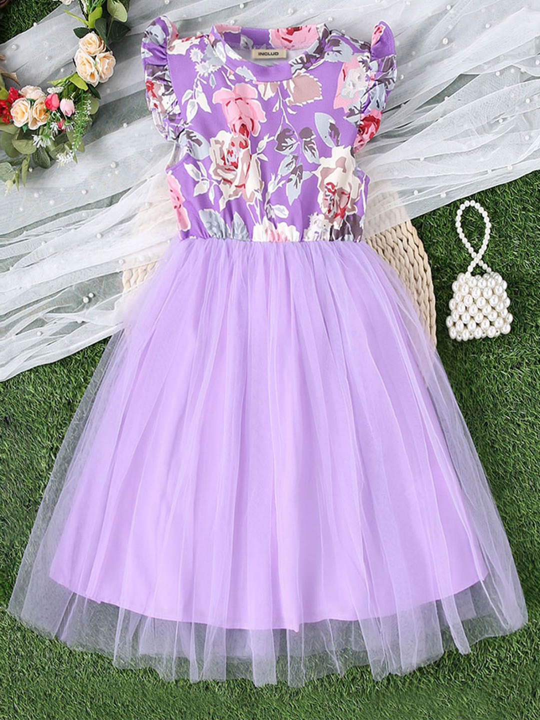 

INCLUD Floral Print Flared Sleeve Fit & Flare Dress, Purple