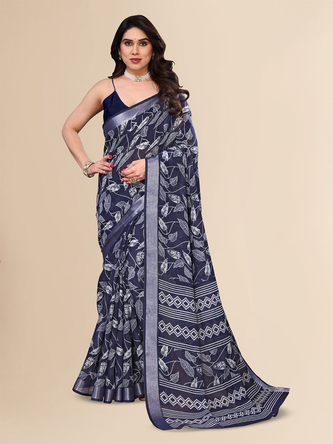 

Moda Rapido Floral Zari Linen Blend Saree, Blue