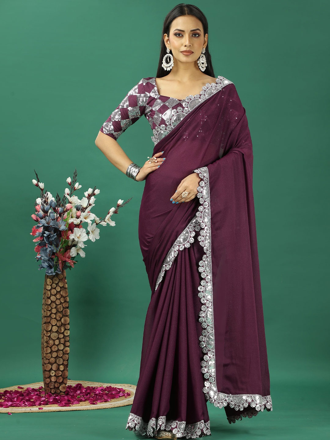 

HERE&NOW Sequinned Satin Banarasi Saree, Purple