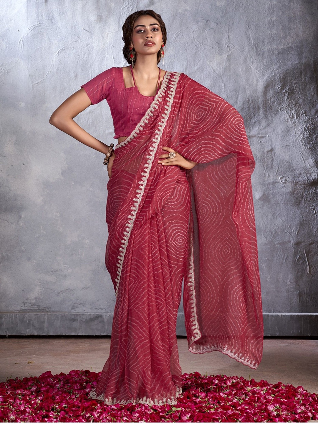 

LeeliPeeri Designer Bandhani Sequinned Poly Chiffon Saree, Red