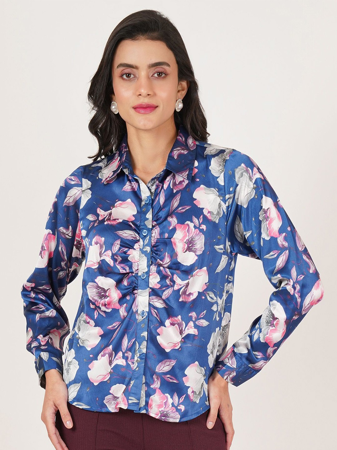 

U&F Women Original Slim Fit Floral Opaque Printed Casual Shirt, Blue