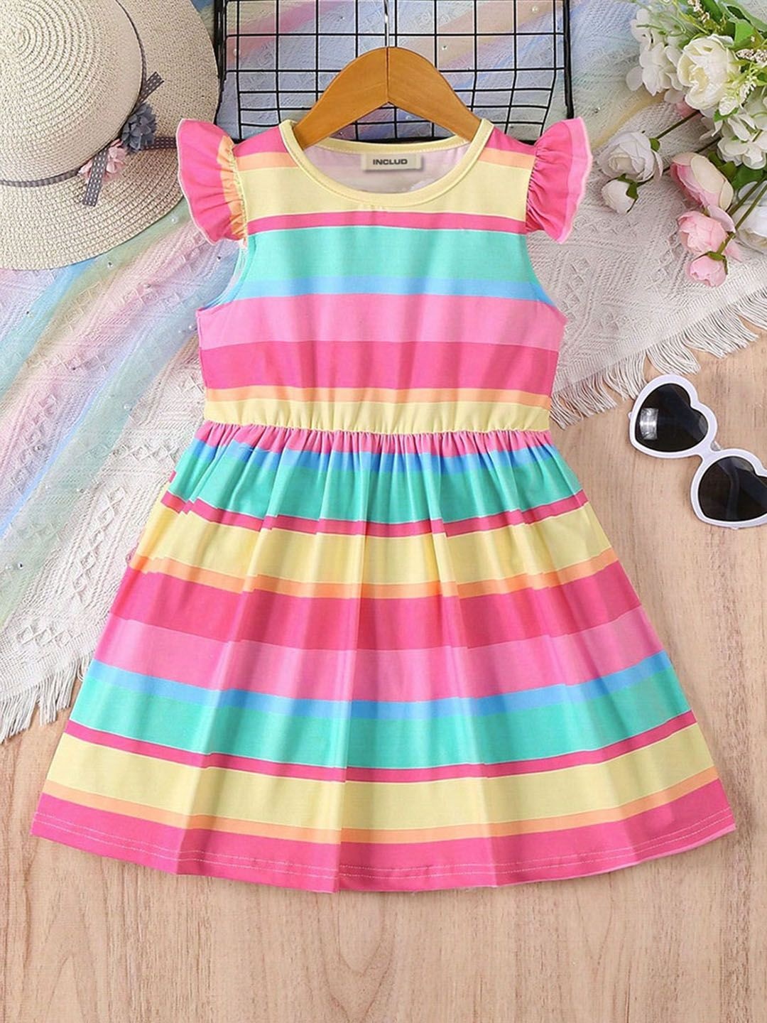 

INCLUD Striped Flutter Sleeve Fit & Flare Dress, Multi
