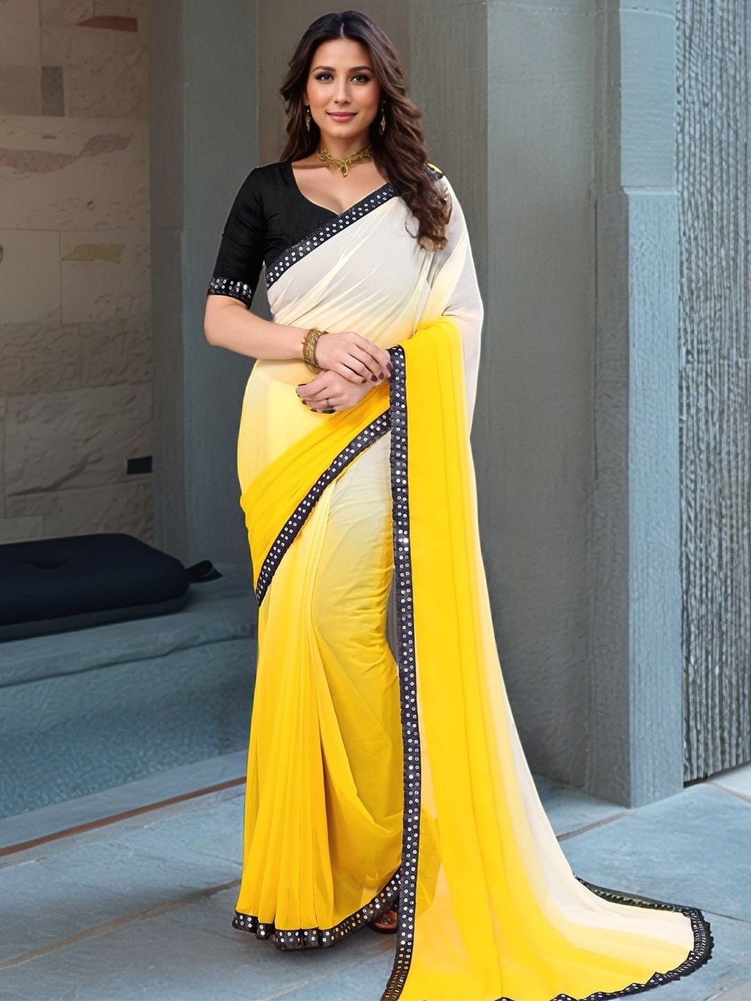 

Moda Rapido Ombre Sequinned Pure Georgette Saree, Yellow