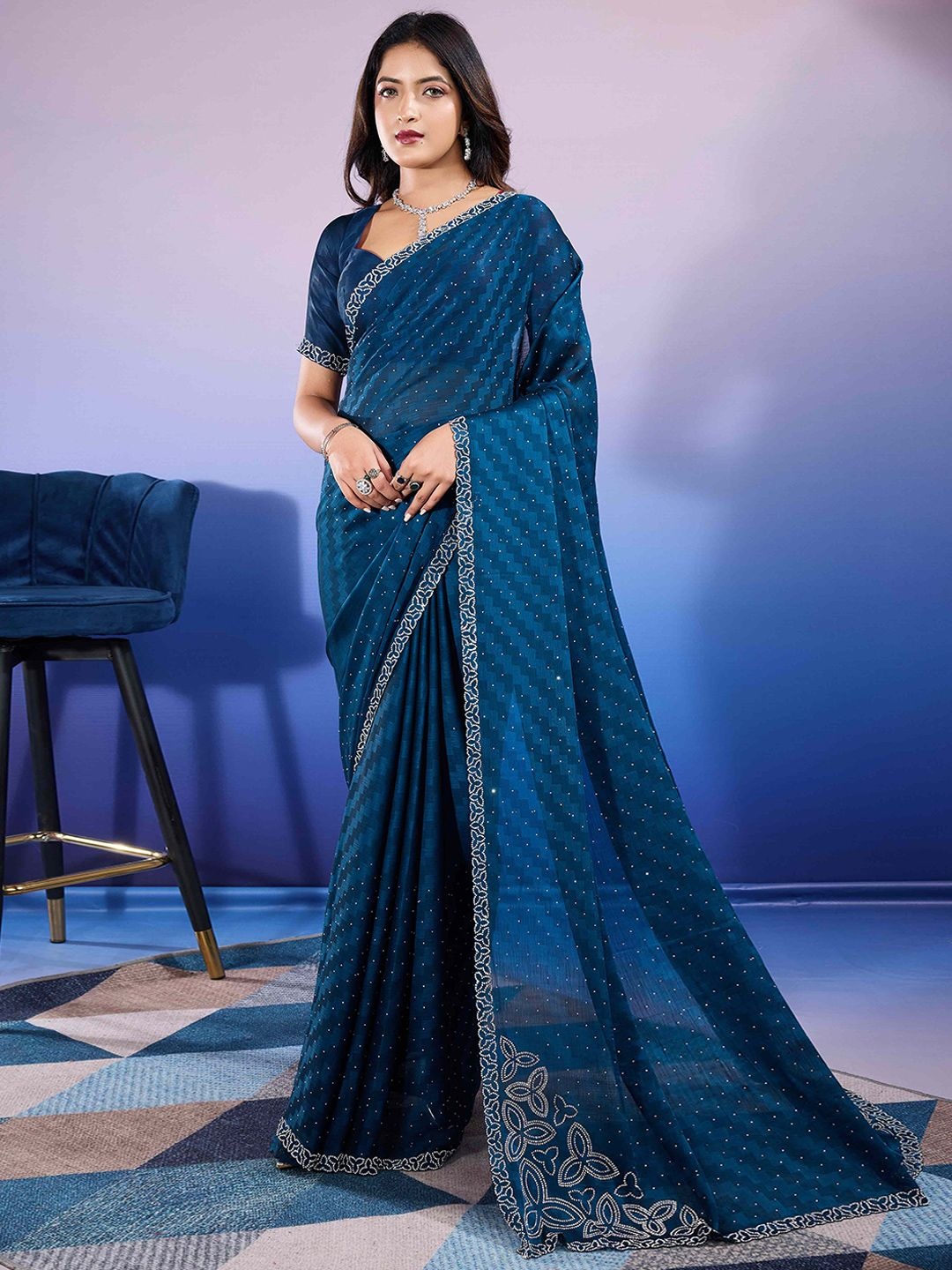 

Peachmode Embellished Beads and Stones Pure Chiffon Saree, Blue