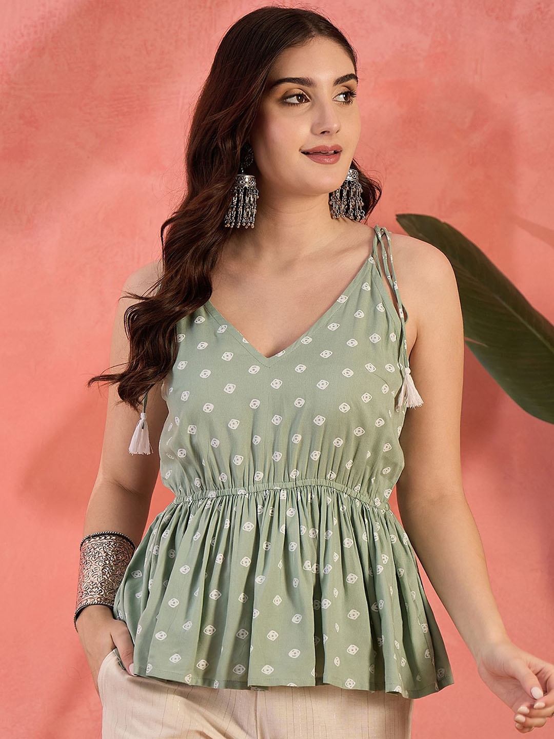 

Sangria Printed V Neck Top & Trousers Co-Ords, Lime green