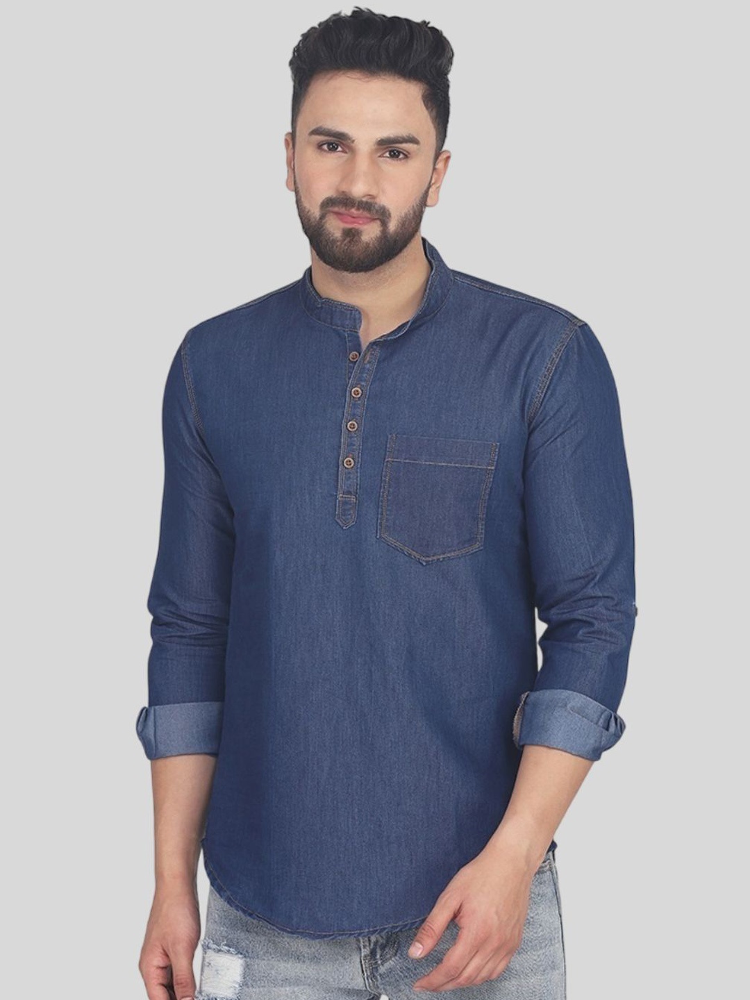 

FASHION GRAB Men Thread Work Denim Kurta, Blue