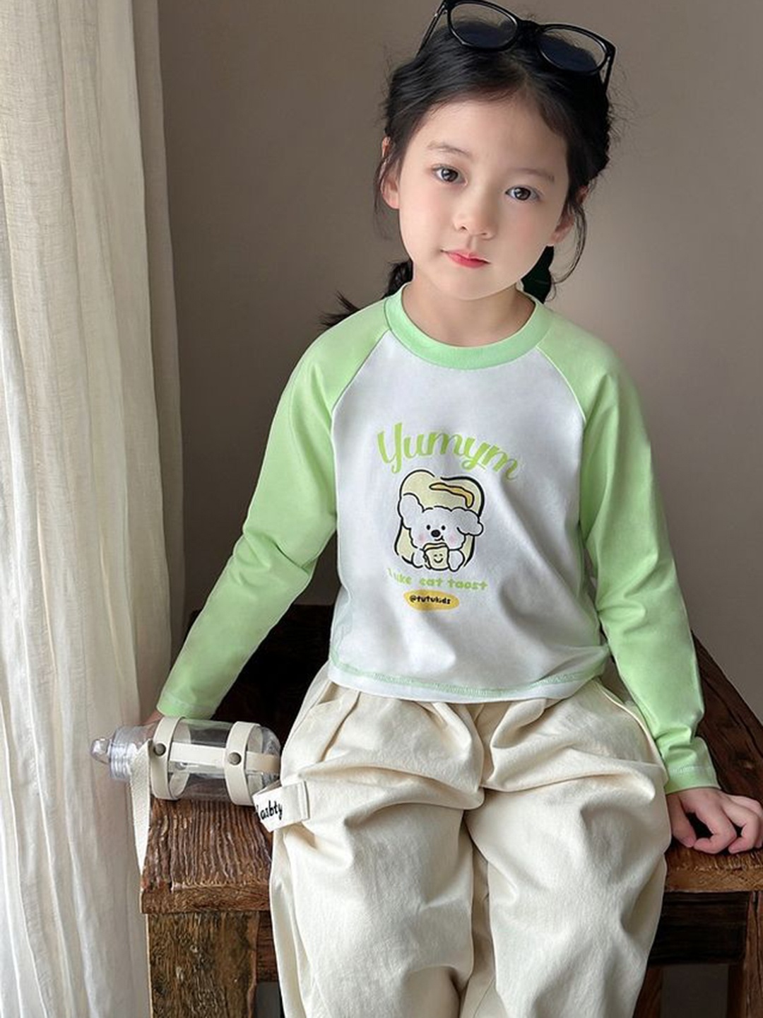 

LULU & SKY Girls Typography Printed Applique T-shirt, Green
