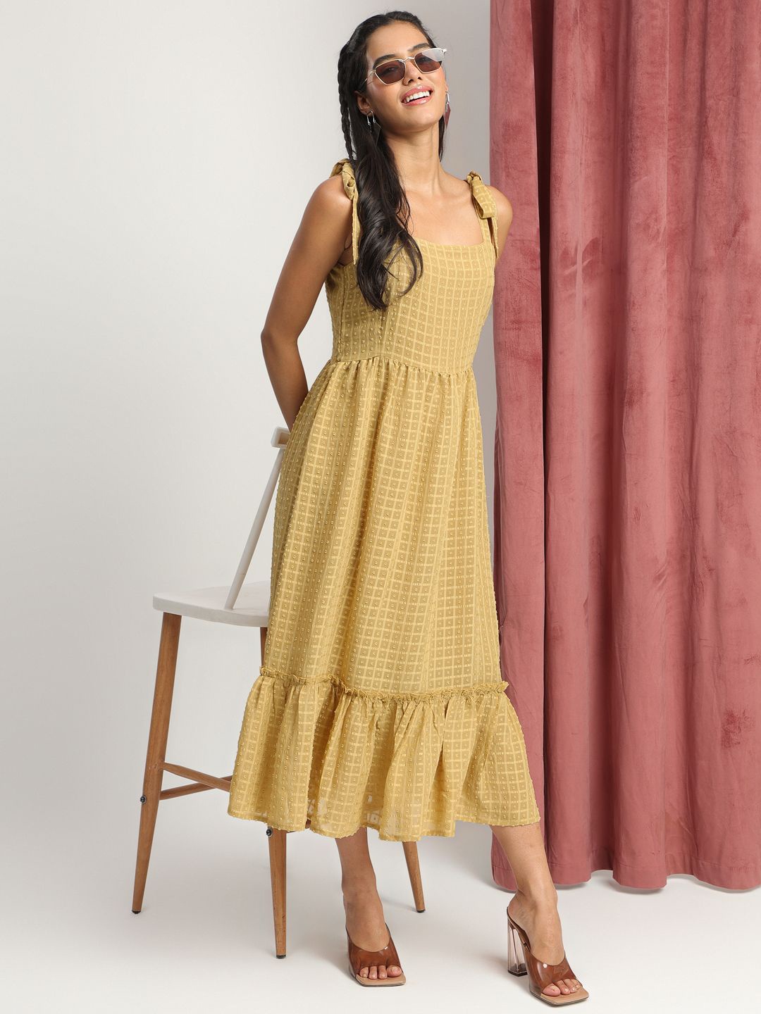 

FASHVERSE Georgette A-Line Midi Dress, Mustard