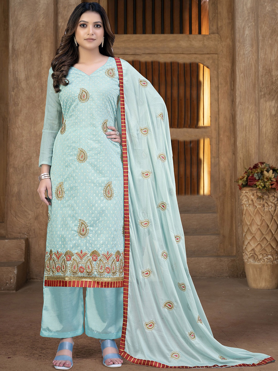 

SAINOOR Embroidered Pure Cotton Semi-Stitched Dress Material, Sea green
