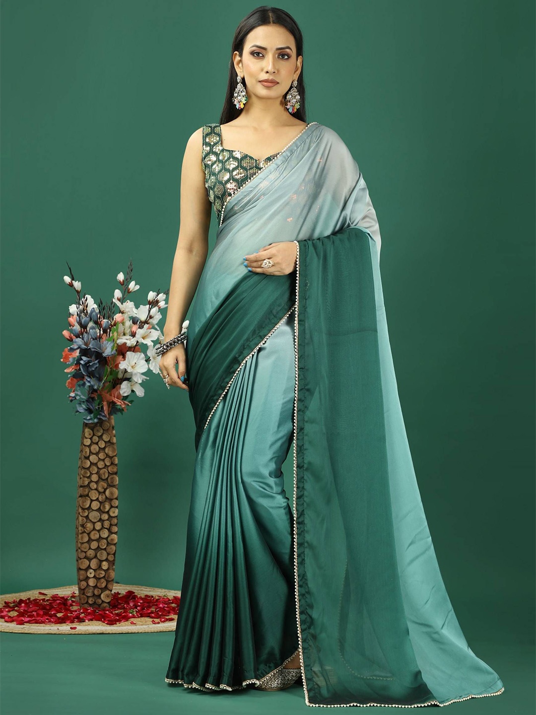 

HERE&NOW Ombre Beads and Stones Satin Banarasi Saree, Sea green
