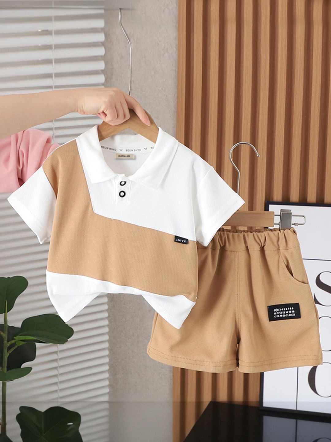 

INCLUD Boys Colourblocked T-shirt with Shorts, Beige