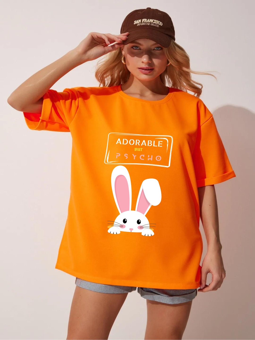

RAYACLOSET Women Typography Printed Extended Sleeves Applique T-shirt, Orange
