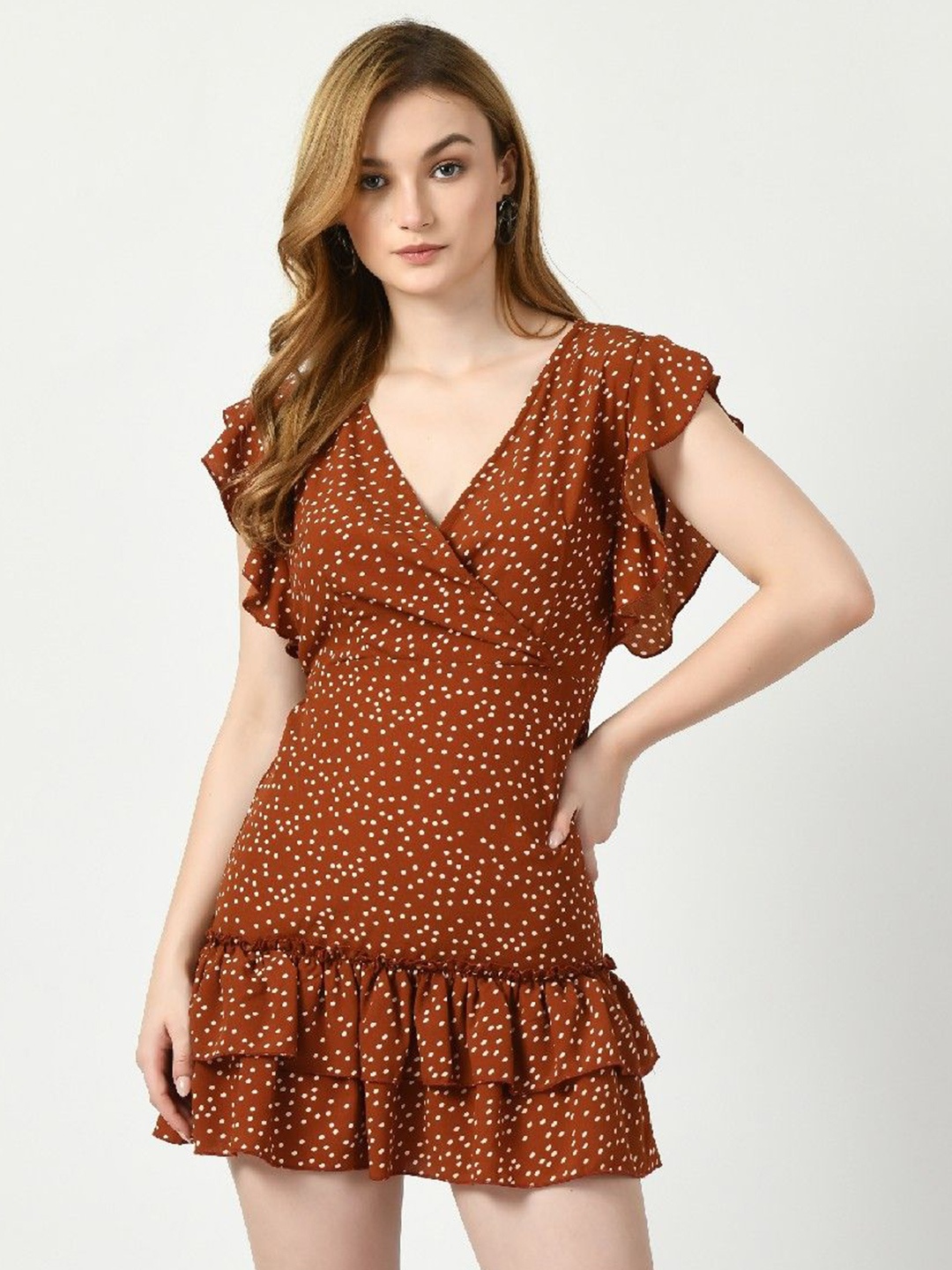 

COATTIRE Print Puff Sleeve Crepe Fit & Flare Mini Dress, Brown