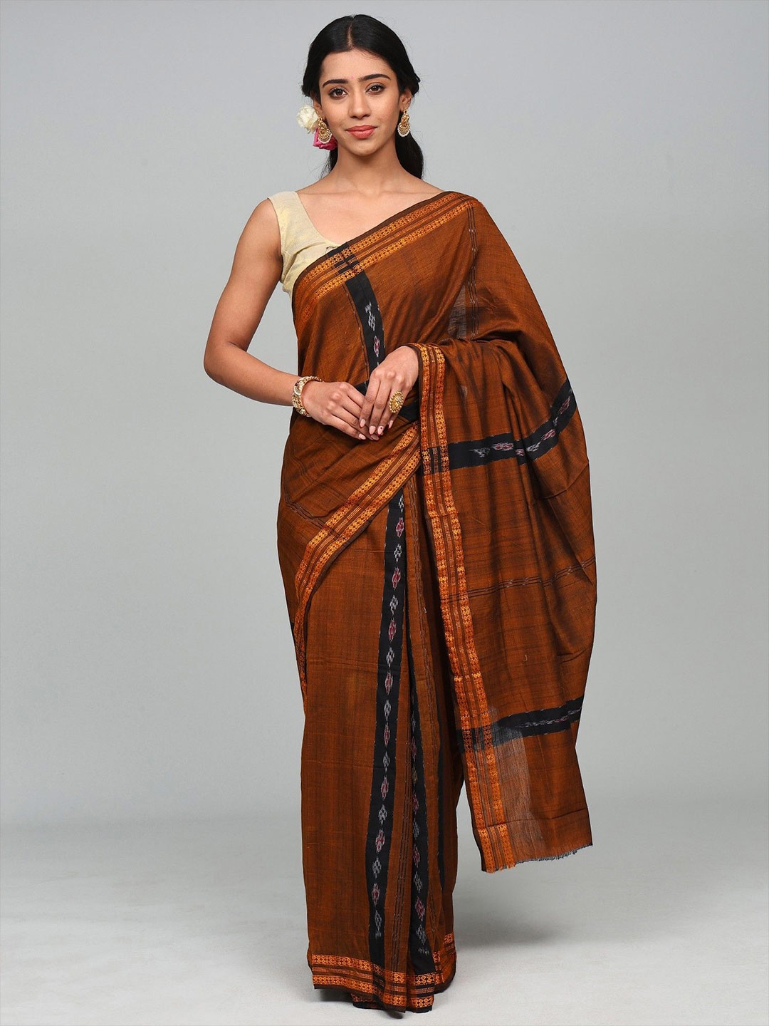 

Exotic India Woven Design Pure Cotton Ikat Saree, Brown