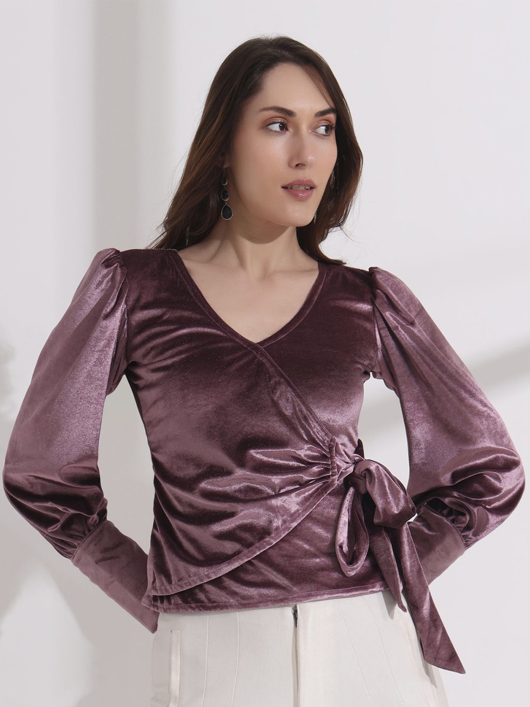 

Salvia Sky Puff Sleeve Woollen Velvet Wrap Top, Purple