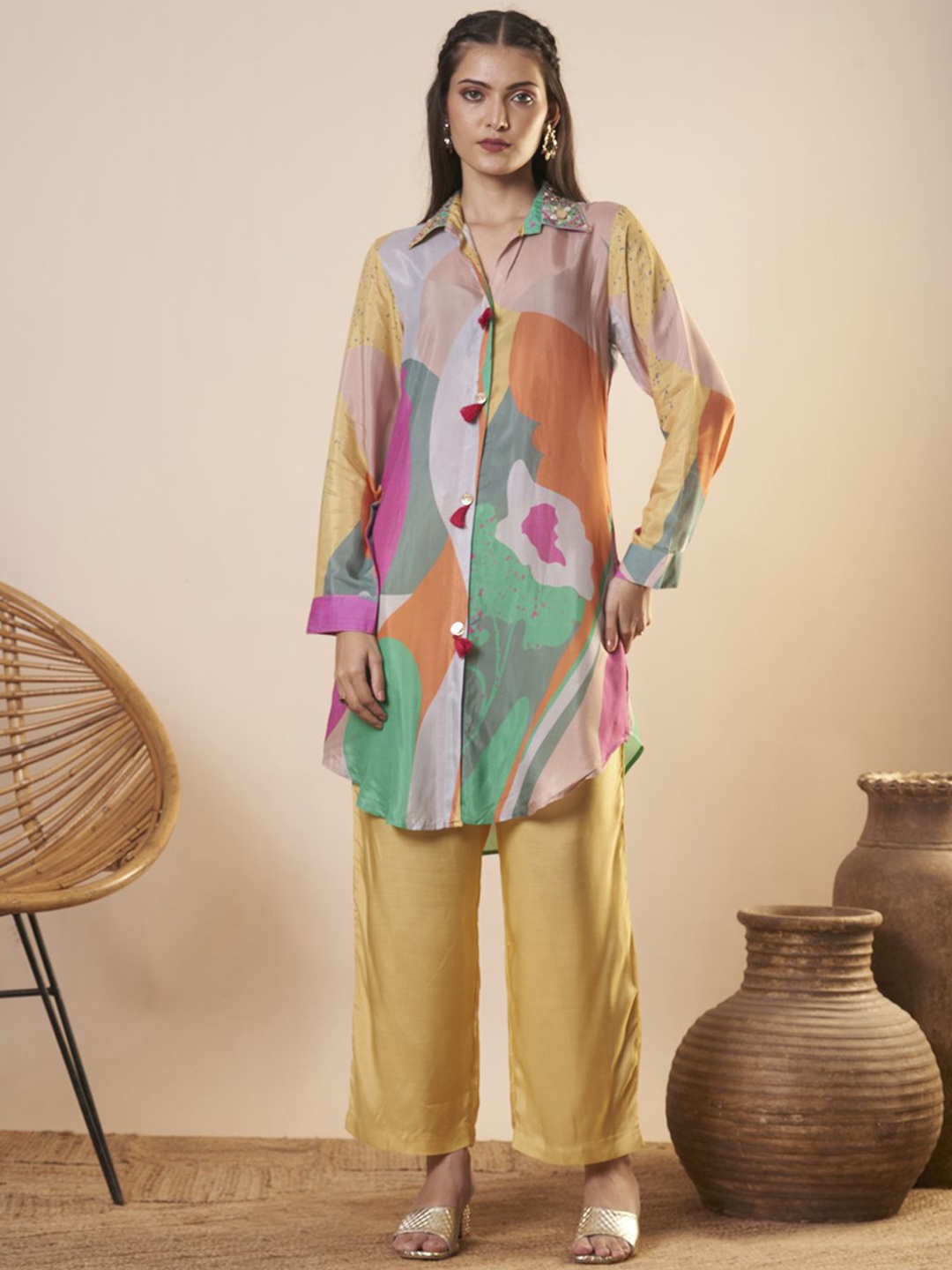 

FASHOR Women Printed Regular Mirror Work Kurta with Trousers, Yellow
