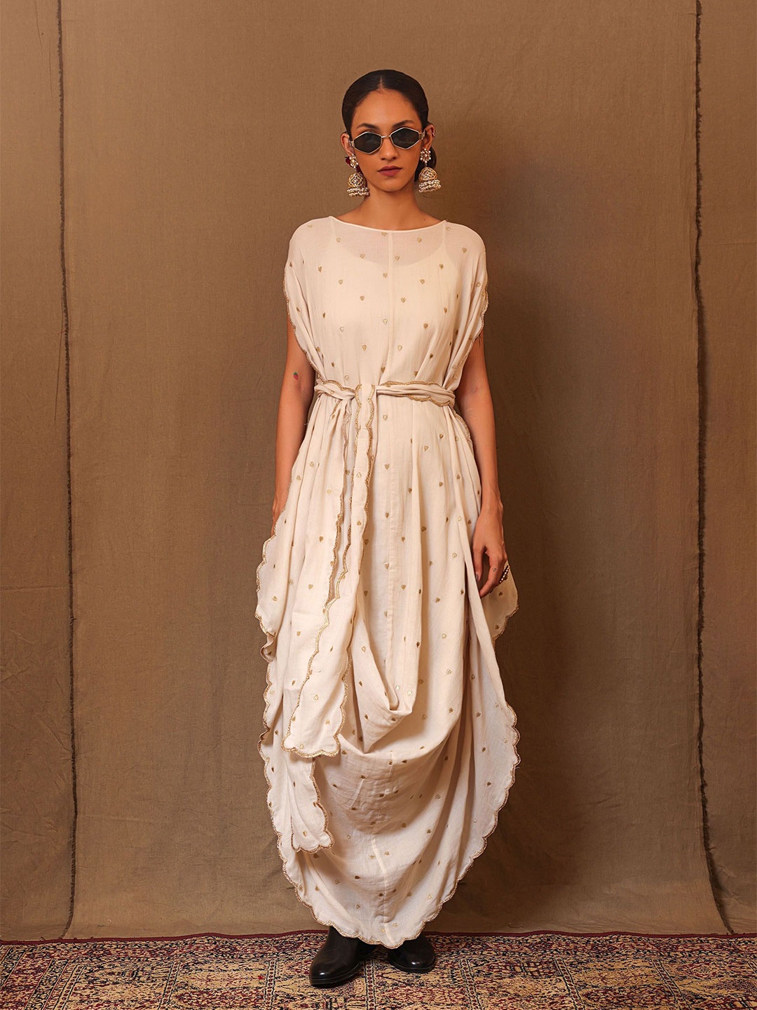 

MATI Heart Woven Design Pure Cotton Cowl Maxi Dress & Dupatta With Inner, Off white