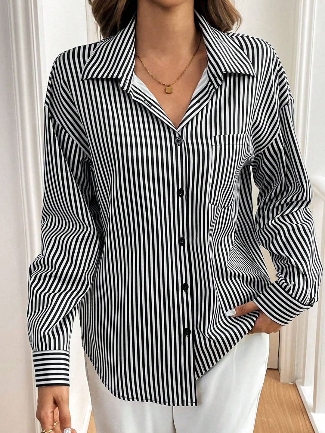 

all about you Women Opaque Striped Casual Shirt, Black
