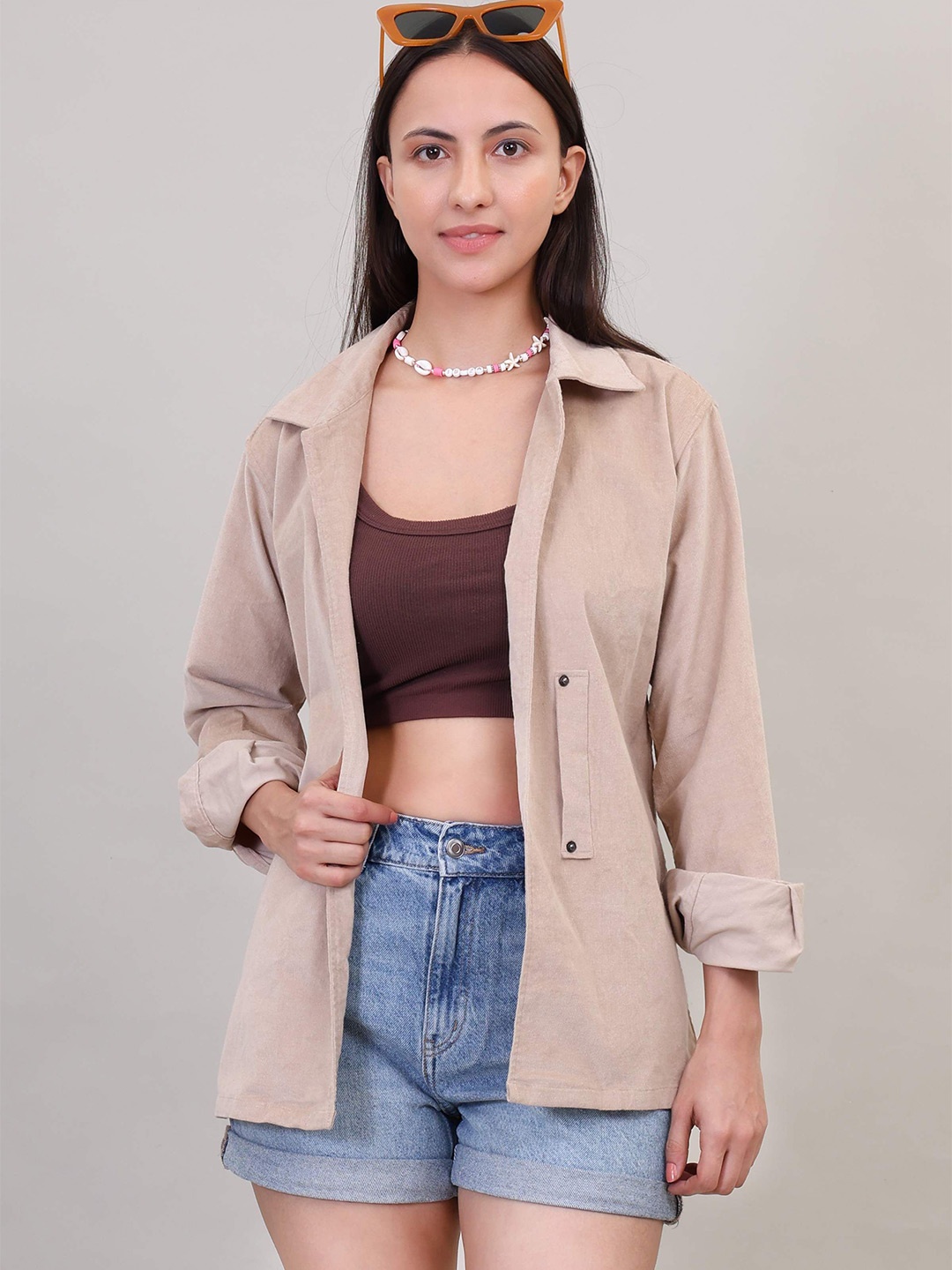 

FARZIDARZI Women Standard Opaque Colourblocked Casual Shirt, Beige