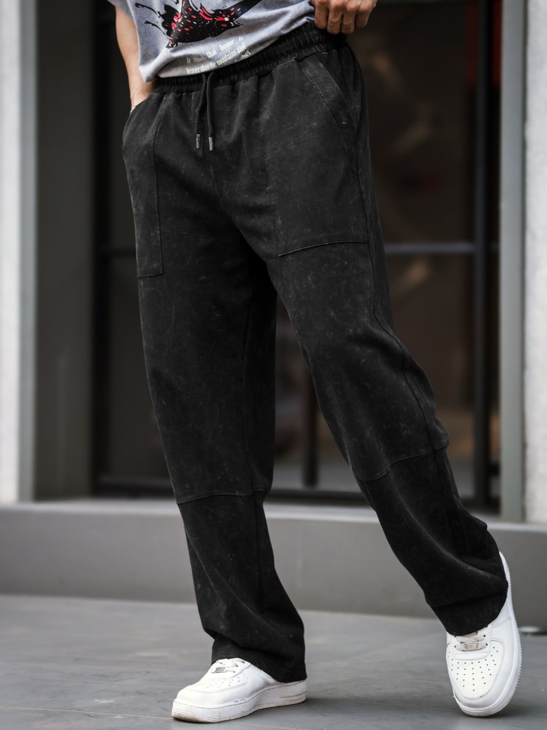 

Maniac Men Optic Acid Wash Cotton Baggy Fit Track Pants, Black