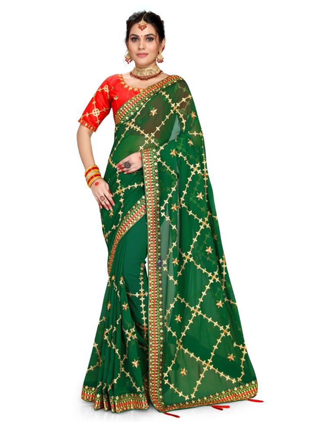 

AKSH FASHION Embroidered Pure Georgette Saree, Green