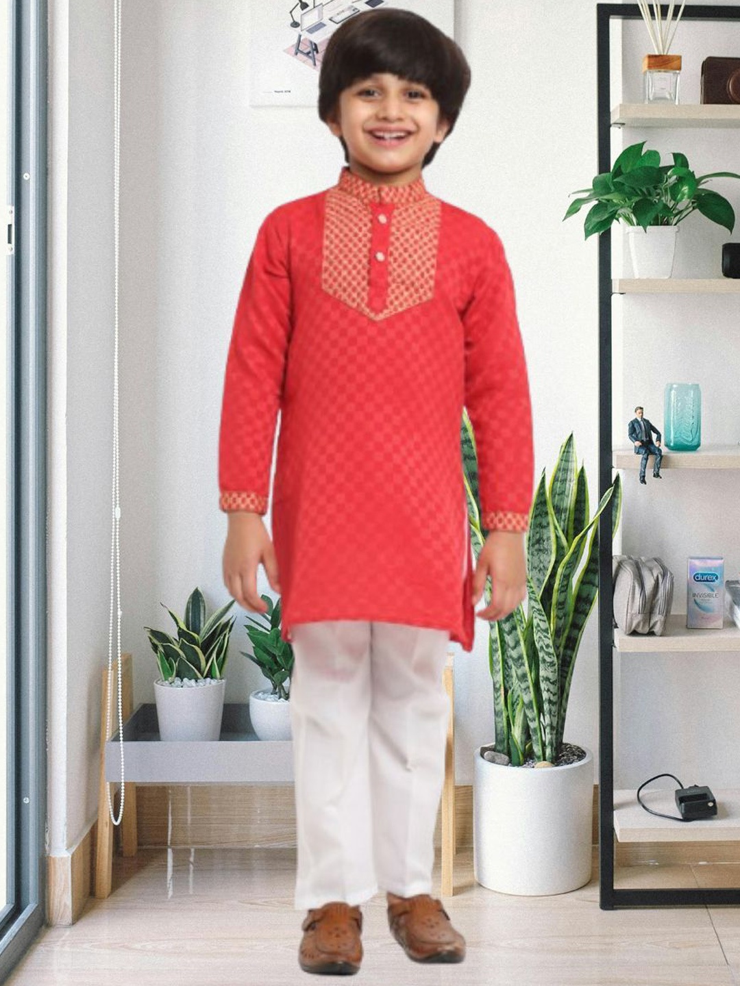 

CENSAL Boys Printed Regular Kurta with Pyjamas, Red