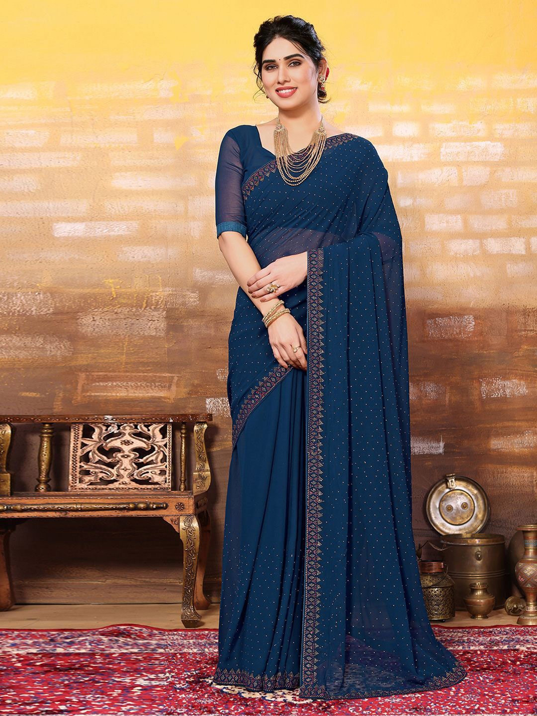 

DIVASTRI Embellished Beads and Stones Pure Georgette Saree, Teal