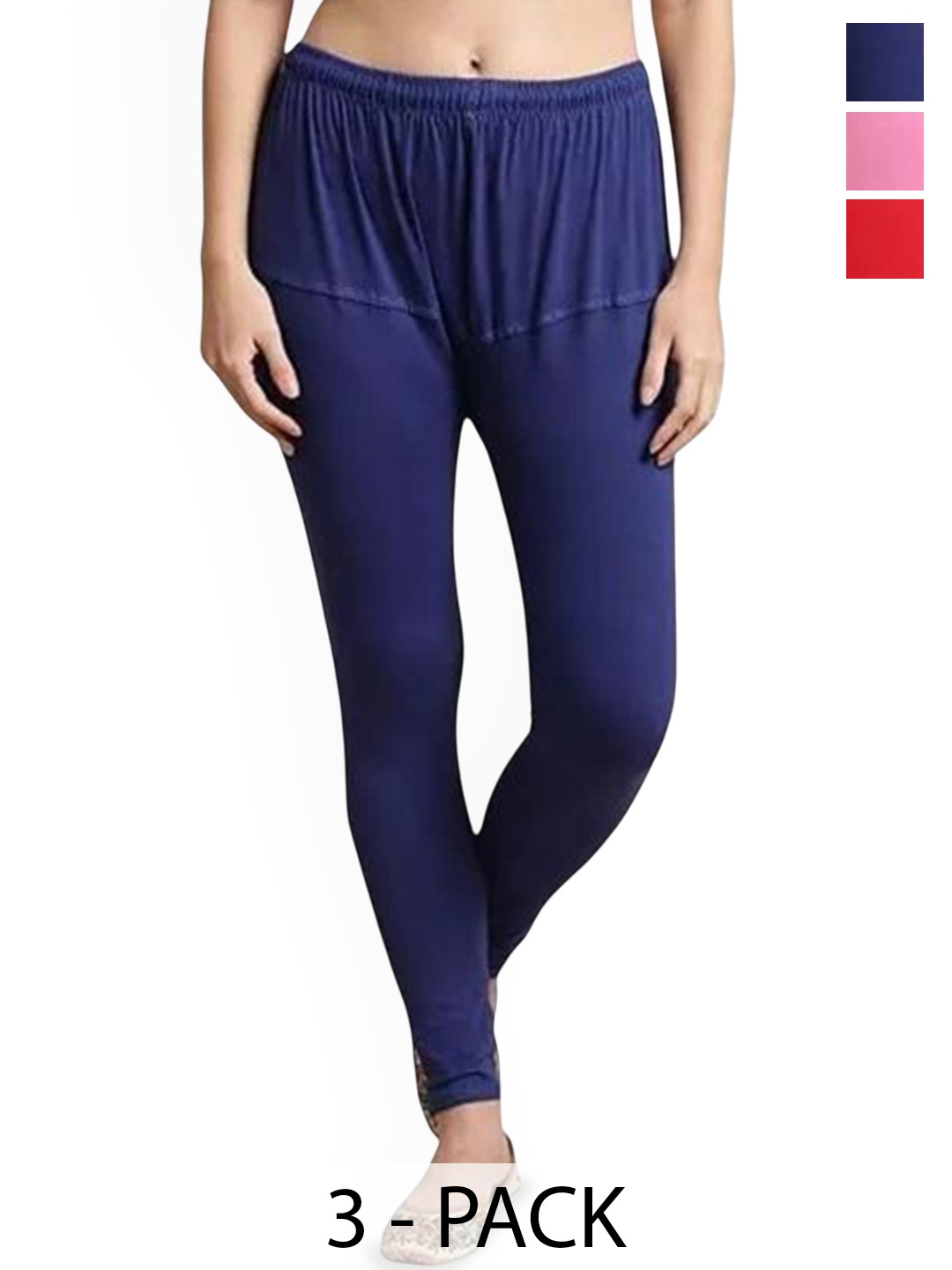 

URBAN KANYA Pack Of 3 Mid-Rise Churidar-Length Leggings, Pink