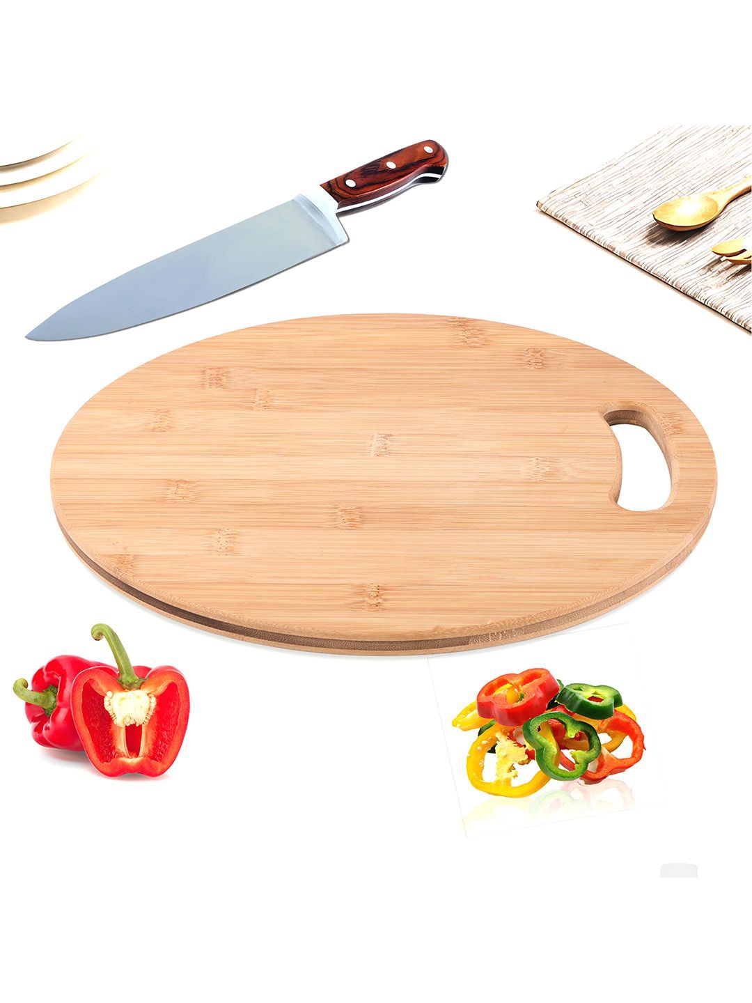 

Kuber Industries Bamboo Round Chopping Board With Handle, Brown