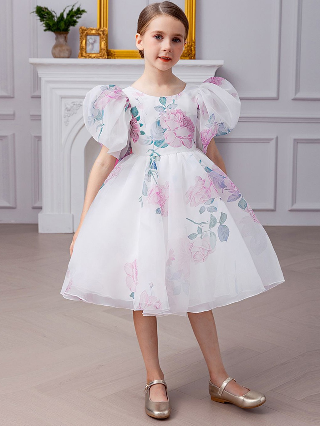 

INCLUD Floral Print Puff Sleeve Fit & Flare Dress, White