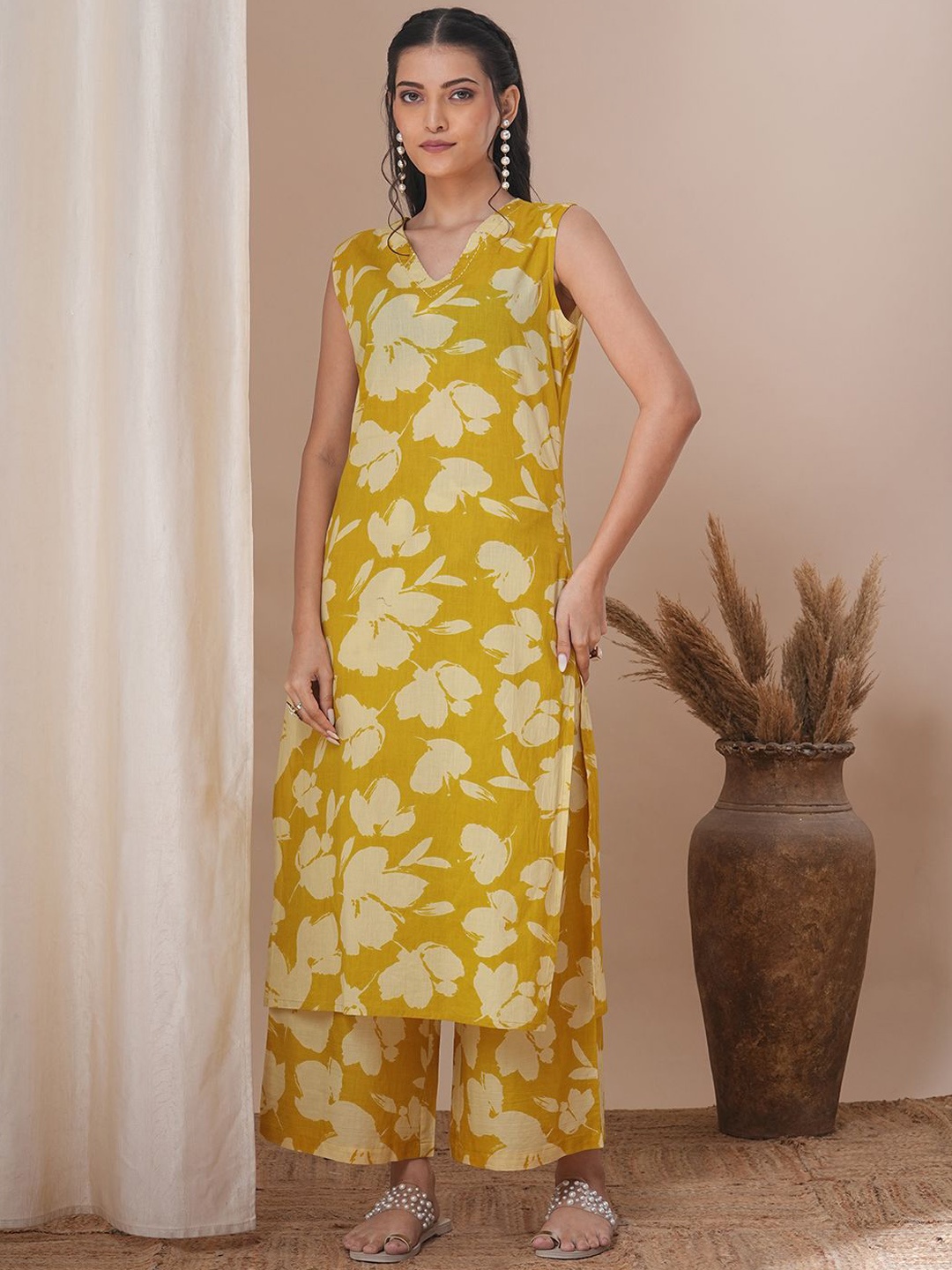 

FASHOR Printed Cotton Top & Palazzos Co-Ords, Yellow
