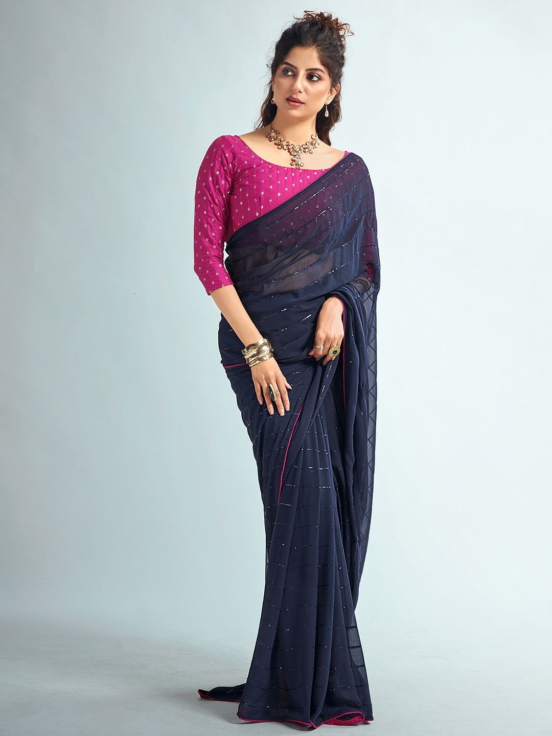 

DIVASTRI Striped Sequinned Pure Georgette Saree, Blue