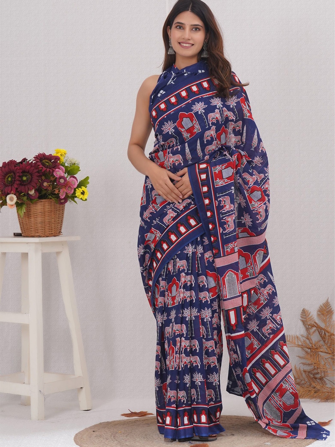 

Shivanya Handicrafts Floral Pure Cotton Block Print Saree, Blue