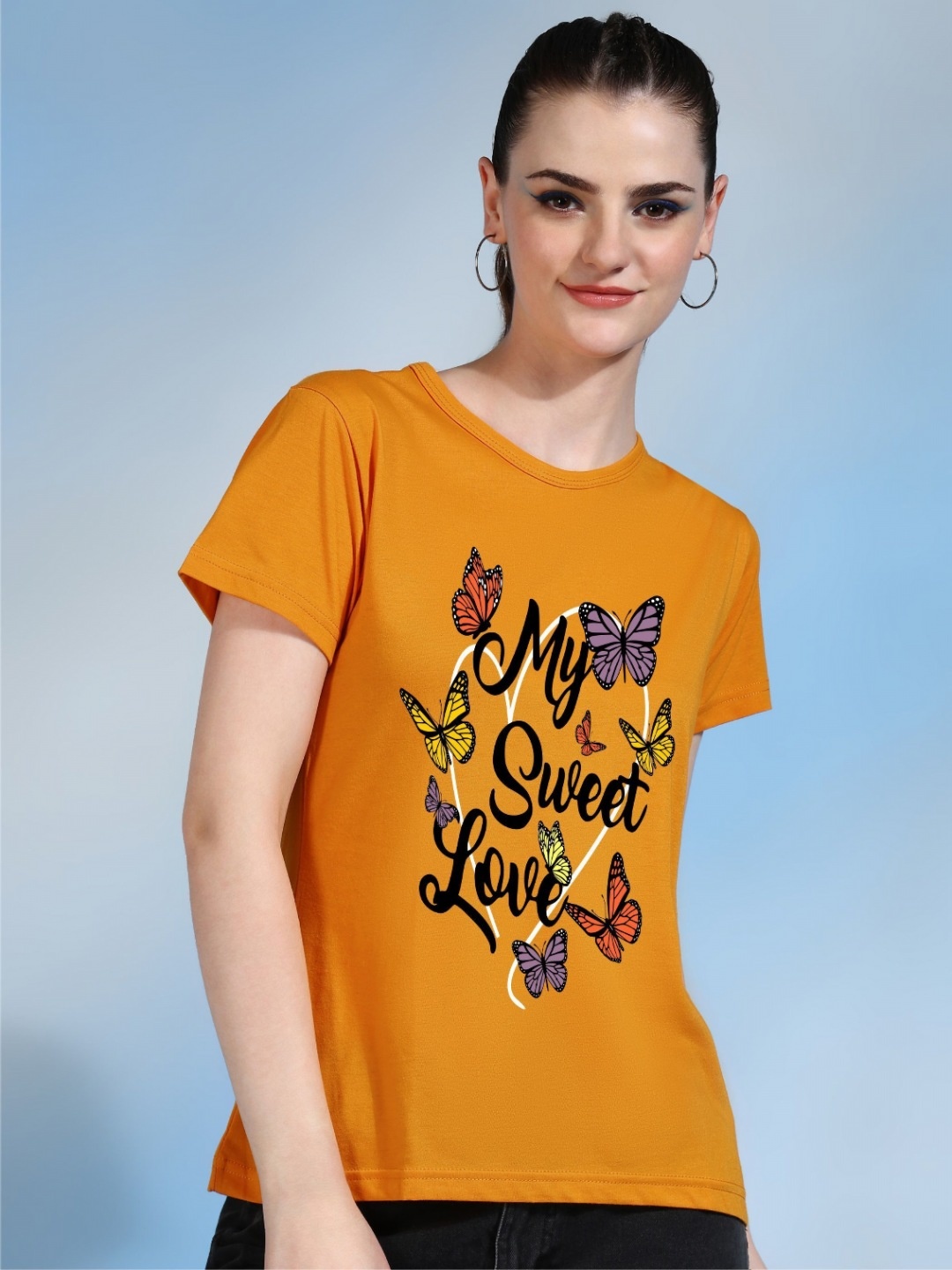 

Moda Rapido Women Printed Bio Finish Raw Edge T-shirt, Mustard