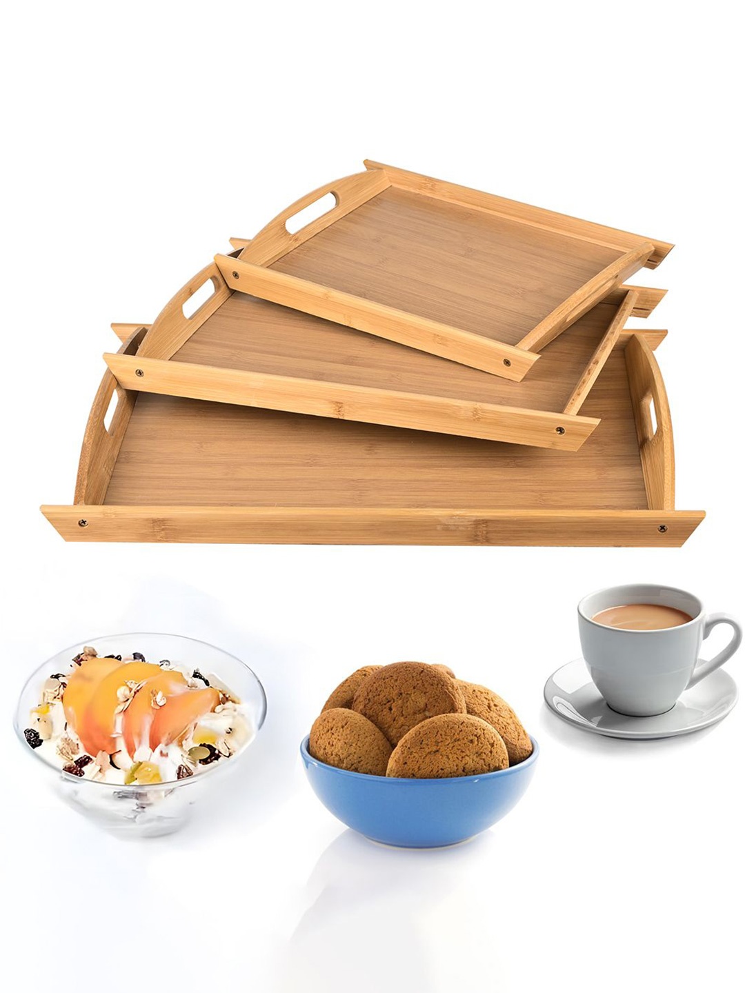 

Kuber Industries Unisex Brown Set of 3 Multipurpose Bamboo Wooden Serving Tray