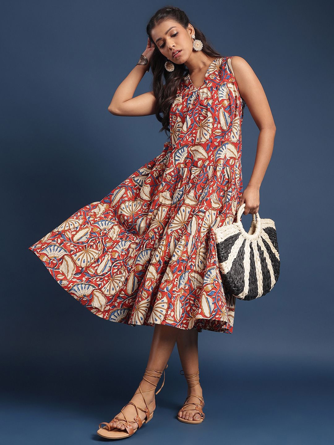 

Taavi Bagru Printed Pure Cotton Fit & Flare Dress, Rust