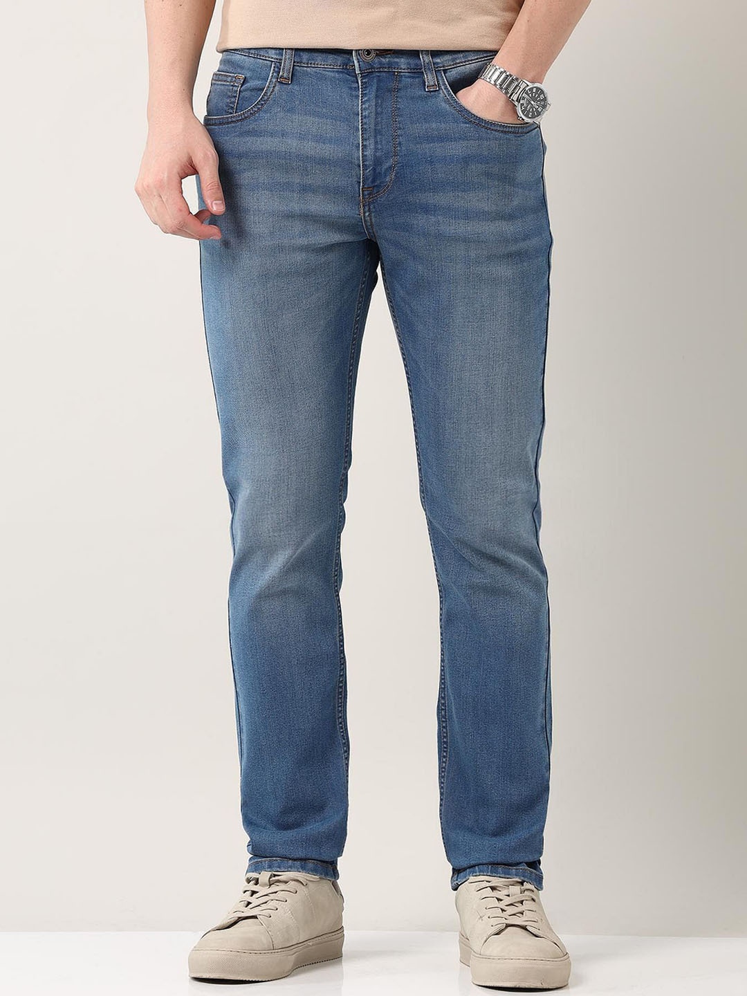 

AD By Arvind Men Slim Fit Low Distress Heavy Fade Jeans, Blue