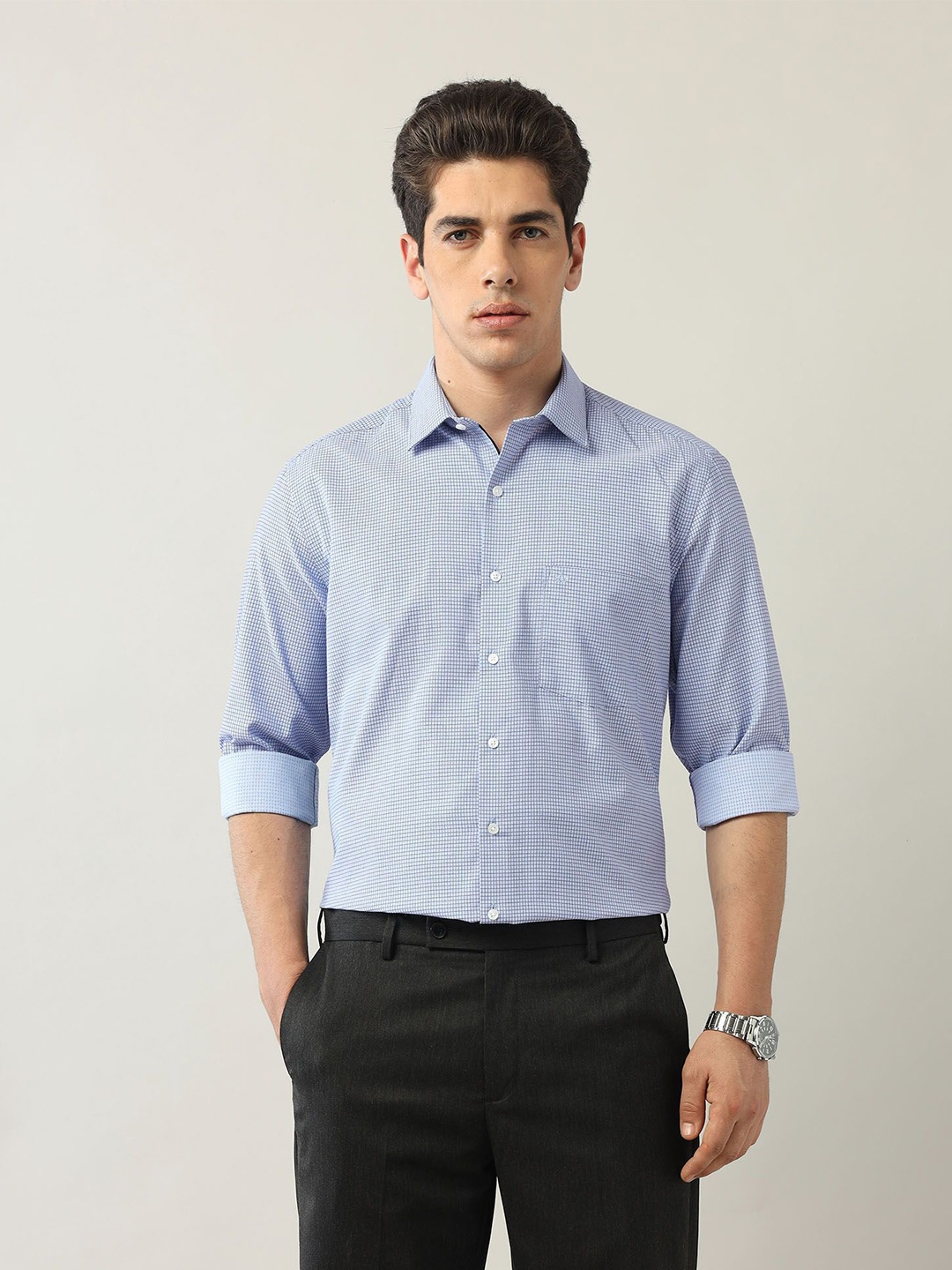 

Arrow Men Classic Micro Checks Opaque Printed Formal Shirt, Blue