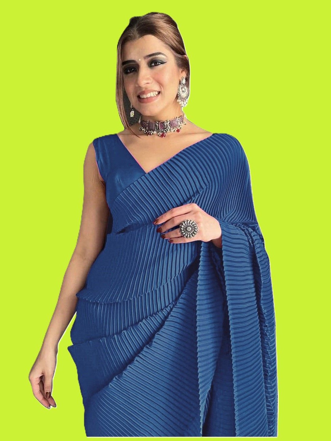 

Moda Rapido Striped Satin Saree, Blue