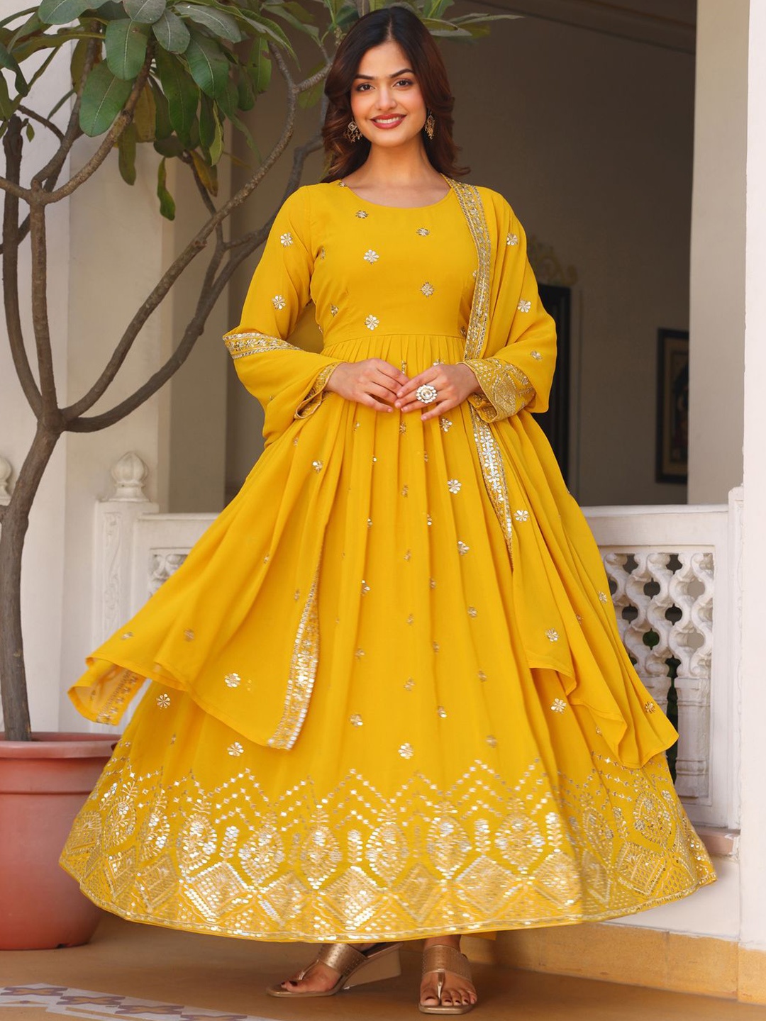 

KALINI Embroidered Maxi Ethnic Dress With Dupatta, Yellow