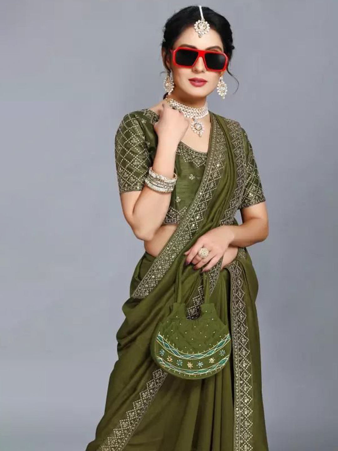 

KALINI Sequinned Poly Georgette Banarasi Saree, Green