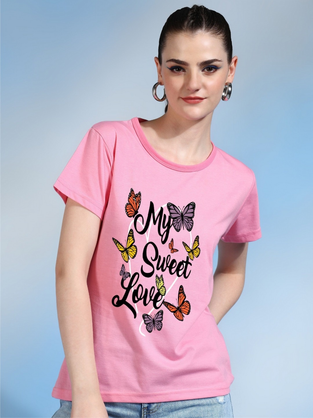 

Moda Rapido Women Printed Bio Finish Raw Edge T-shirt, Pink